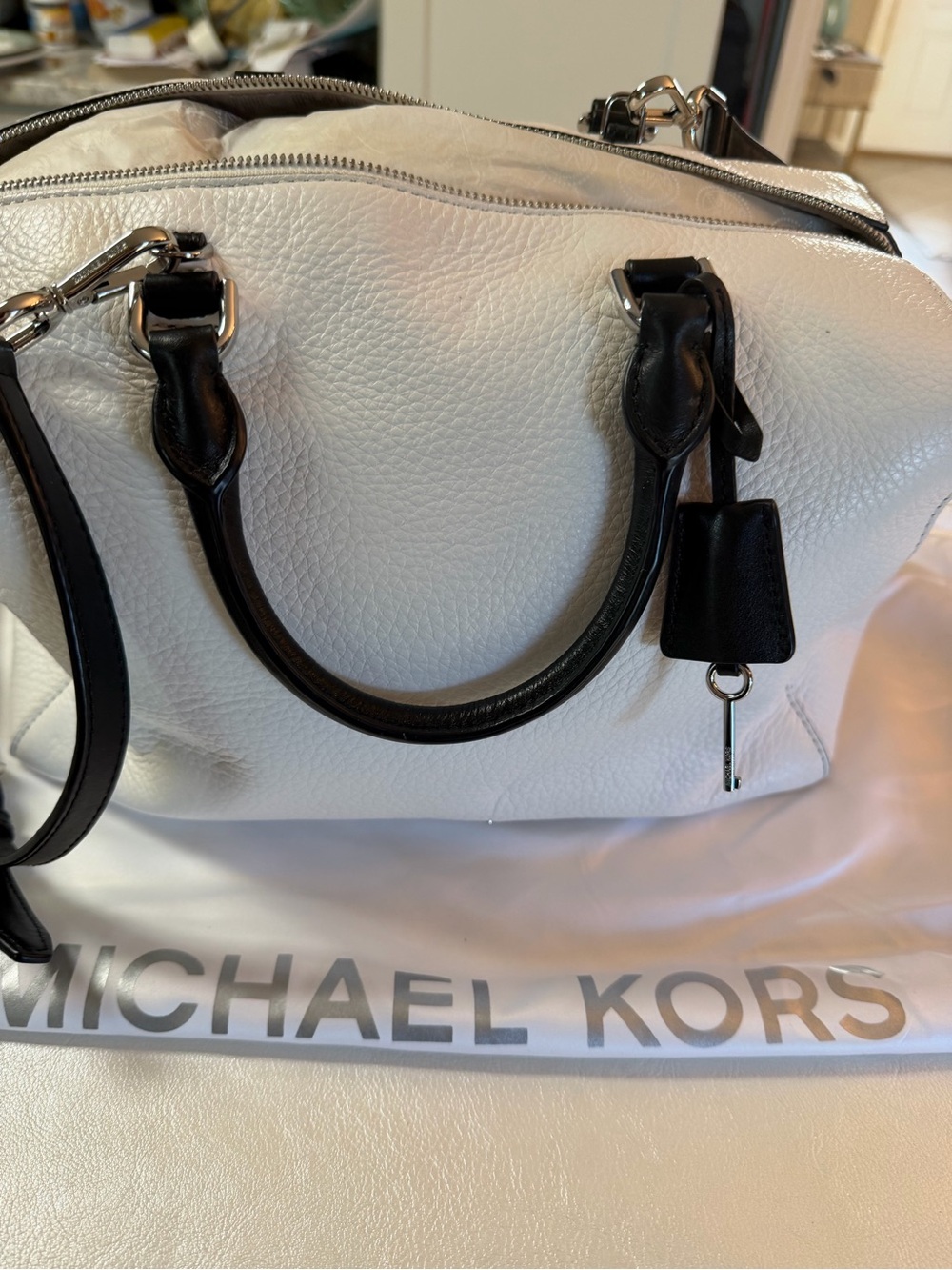 Michael Kors White Pebbled Leather Satchel with Black Handles
